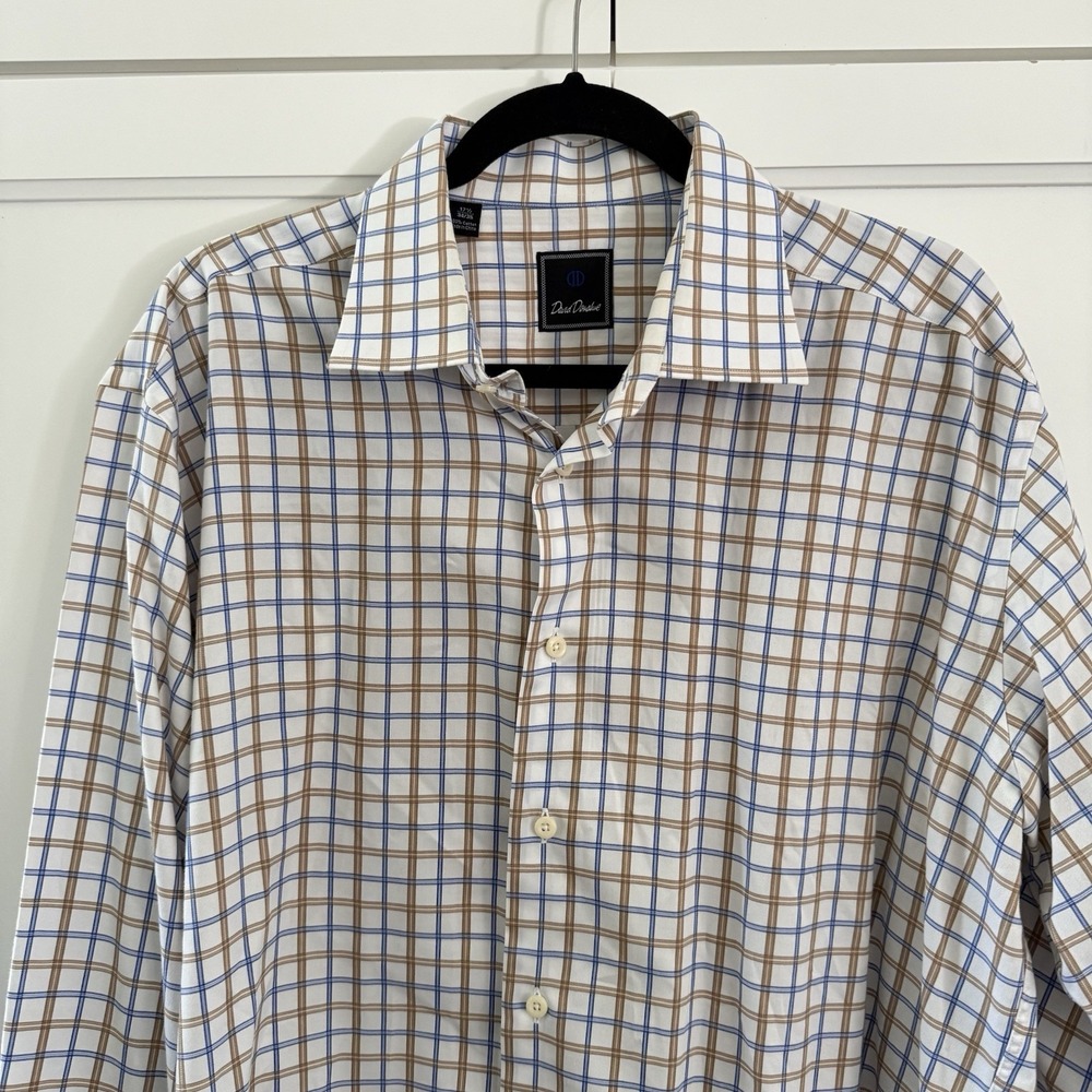David Donahue Shirt Mens 17.5 34/35 Cotton Plaid Button Up Long Slv Brown Blue - Picture 3 of 13